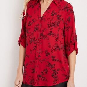 Maurice's Winona Red and Black Floral Button Down Blouse Roll Tab Sleeves